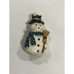 St. Nicholas Square Blushed Snowman holding a Corn Broom brooch,pin. Blue Scarf.